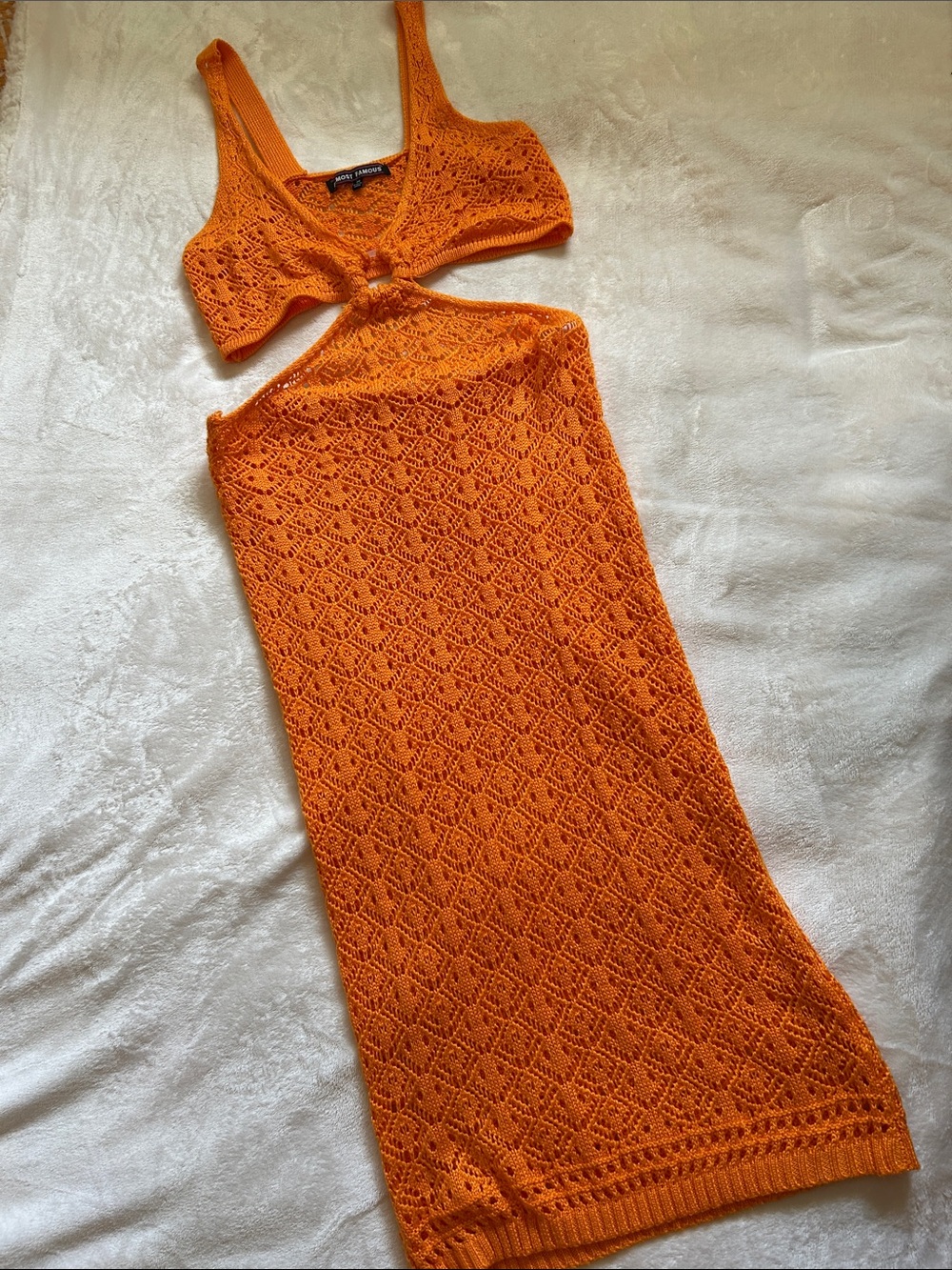 Almost Famous Orange Crochet Midi Dress with Tie-Front Cutout